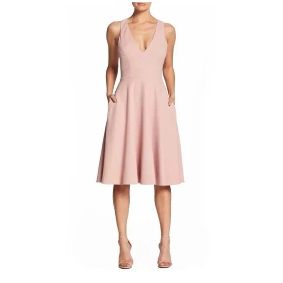 Dress the Population Blush Pink Midi Dress S Sleeveless V Neck Fit Flare - Picture 9 of 11